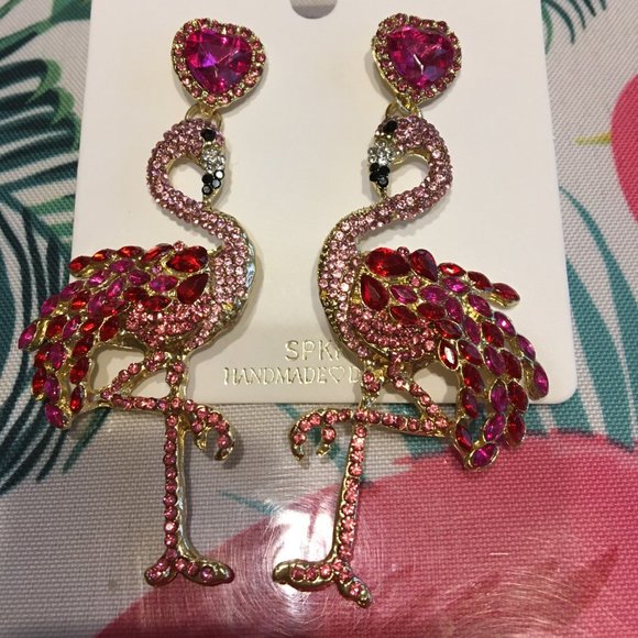 Crystal Flamingo Drop Earrings Statement Pink - Picture 2 of 3
